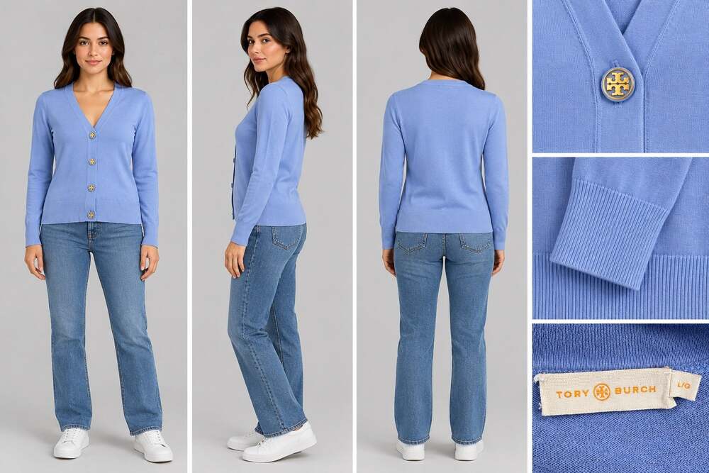Tory Burch Womens L Periwinkle Blue V Neck Logo Button Knit Cardigan Sweater